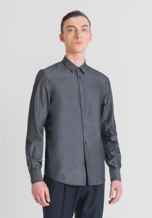 Camisa napoli slim fit de puro algodón de fácil planchado con efecto denim Antony Morato azul claro hombres ropa 46R2N115